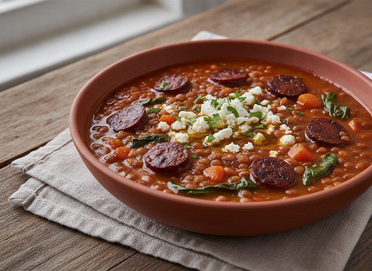 Smoky Chorizo & Lentil Stew — chorizo, lentils, feta, and olive oil in a terracotta bowl