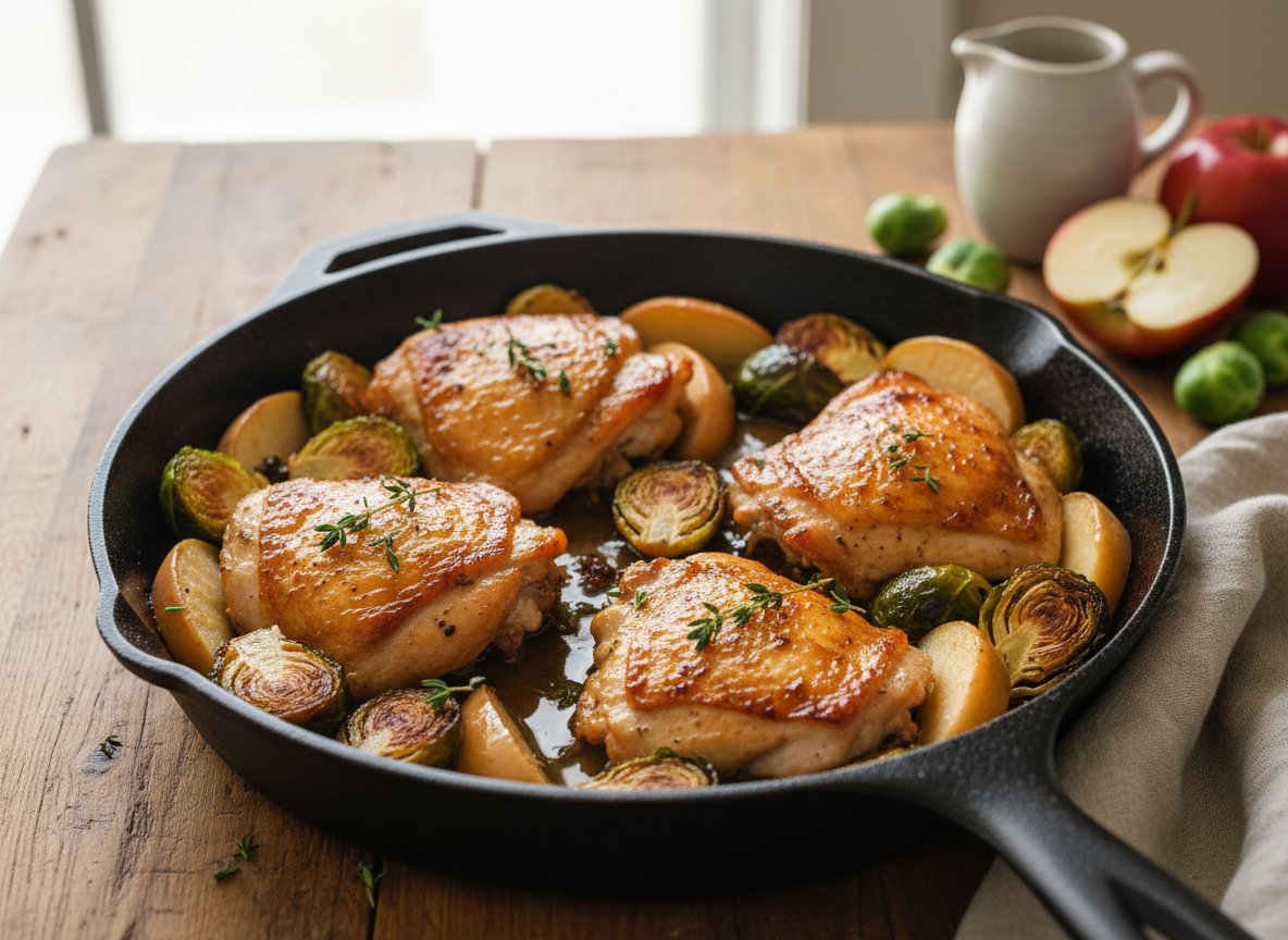 Apple Cider Chicken with Brussels Sprouts in a cast-iron skillet