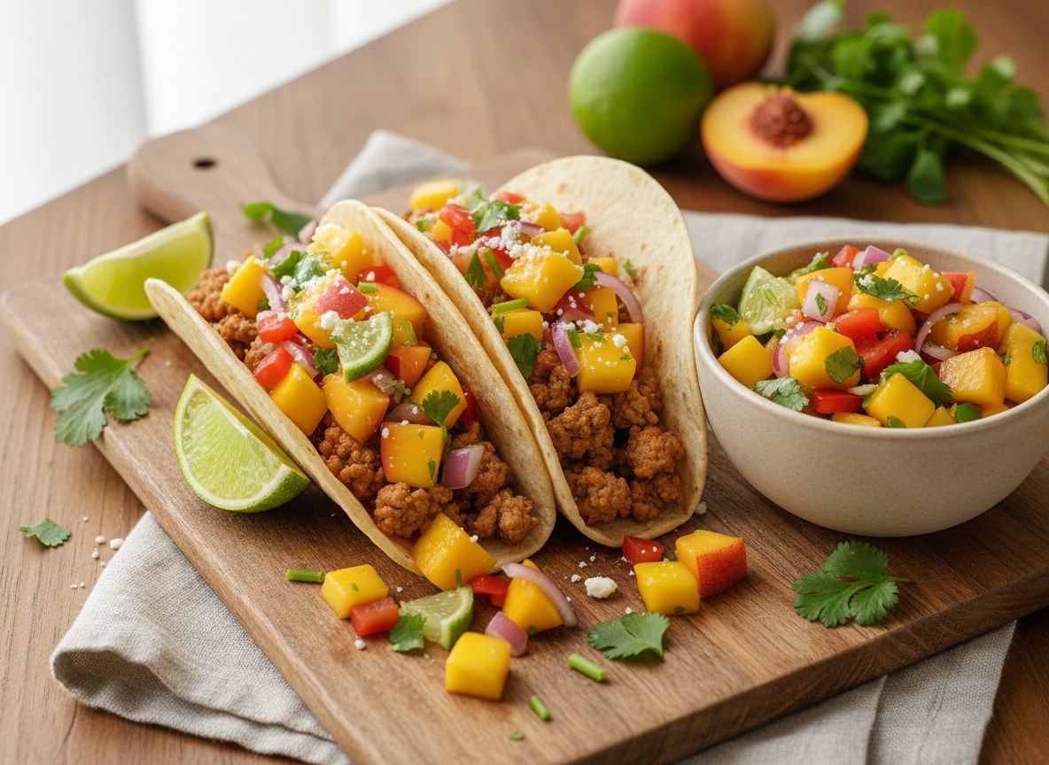Sweet Heat Turkey Tacos with fresh peach-mango salsa on a wooden board